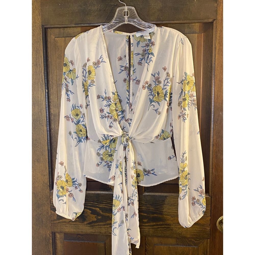 Forever 21 Contemporary Floral Tie Front Blouse Cream Yellow Long Sleeve Small